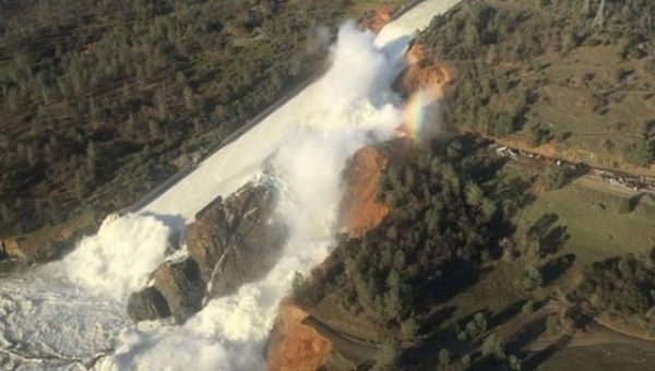 An aerial view of the damaged Oroville spillway in Oroville California USA