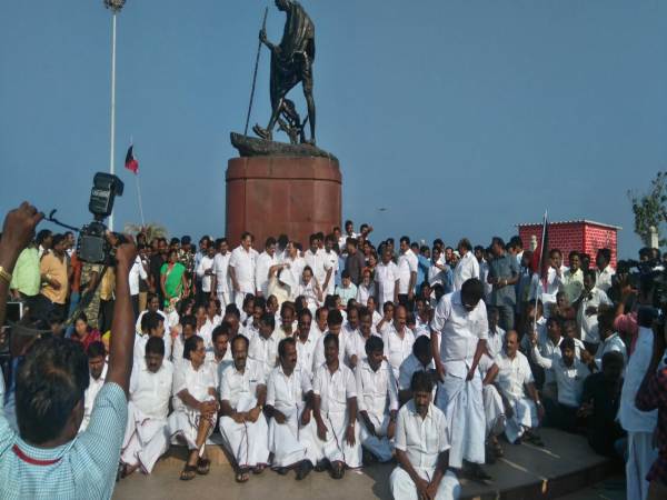 DMK leader M K Stalin with his supporters and party men at the Marina Beach in Chennai