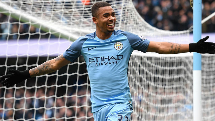 Gabriel Jesus celebrates after netting the first of his two goals