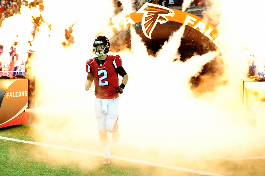 ATLANTA GA- JANUARY 22 Quarterback Matt Ryan #2 of the Atlanta Falcons runs onto the field to take on the Green Bay Packers in the NFC Championship Game at the Georgia Dome