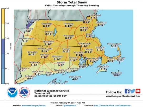 Massachusetts Weather Forecast Nor'easter Thursday 8-12 Inches Expected