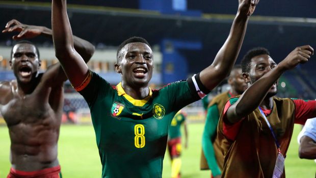 Cameroon's Benjamin Moukandjo celebrate with his teammates