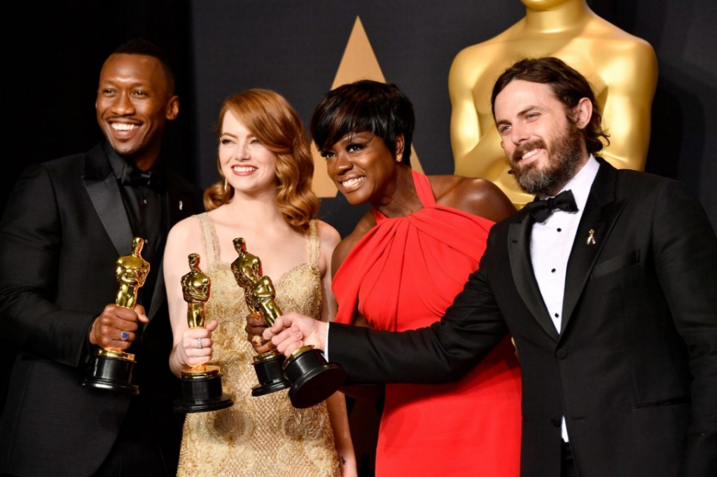 From left actors Mahershala Ali winner of Best Supporting Actor for Moonlight Emma Stone winner of Best Actress for La La Land Viola Davis winner of the Best Supporting Actress award for Fences and Casey Affleck winner of Best Actor for Manchester