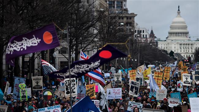 Activists protesting the disputed Dakota Pipeline during the Native Nations Rise protest in Washington DC