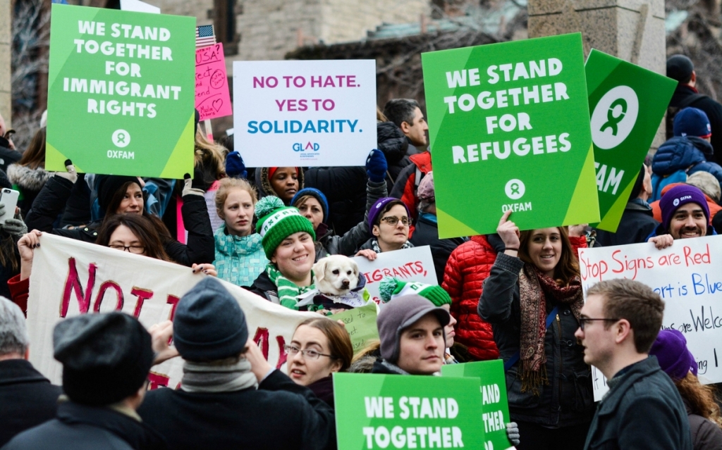 Activists protesting the executive order barring refugees from the US on Sunday January 29 in Boston's Copley Square