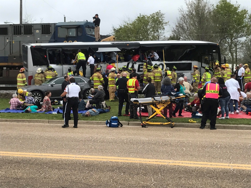 Charter bus carrying senior citizens after it was struck by a train in Biloxi