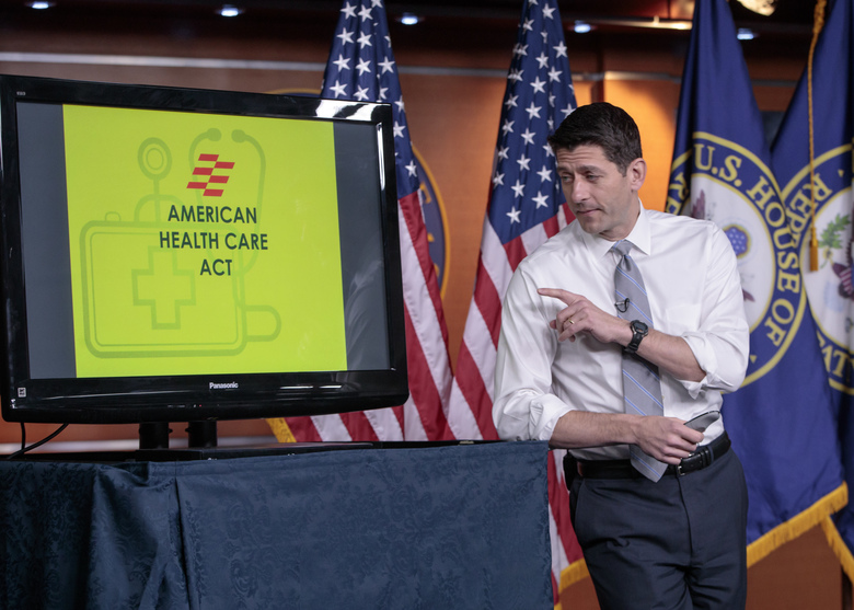 House Speaker Paul Ryan of Wis. uses charts and graphs to make his case for the GOP’s long-awaited plan to repeal and replace the Affordable Care Act Thursday