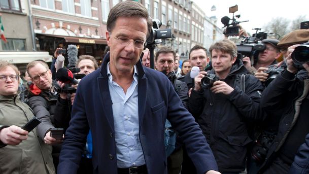 Dutch Prime Minister Mark Rutte gestures during a campaign stop in Breda Netherlands