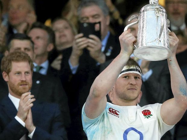 Dylan Hartley holds up the Calcutta Cup after his team beat Scotland on the weekend to win the Six Nations championship