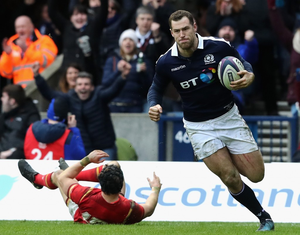 EDINBURGH SCOTLAND- FEBRUARY 25 Tim Visser of Scotland breaks clear to score a try during the RBS Six Nations match between Scotland and Wales at Murrayfield Stadium