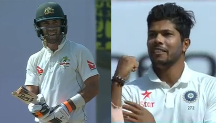 Watch Umesh Yadav shows muscle power breaks Glenn Maxwell's bat on first delivery of Day 2