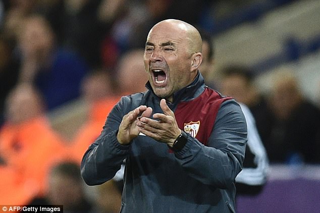 Jorge Sampaoli issues instructions from the touchline in Sevilla's clash with Leicester