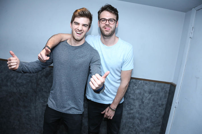 NEW YORK NY- APRIL 14 NYC based DJs Andrew Taggart and Alex Pall of The Chainsmokers backstage at the MTV Artist To Watch Event With Flume and The Chainsmokers at Highline Ballroom