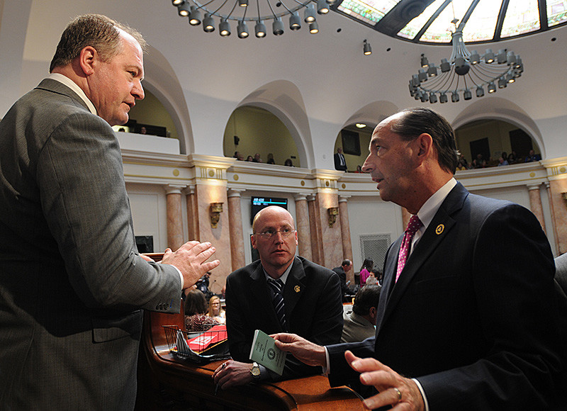 House Speaker Jeff Hoover left talks with Minority Floor Leader Rocky Adkins on Wednesday. Lawmakers have taken a long weekend break coinciding with the Southeastern Kentucky Conference