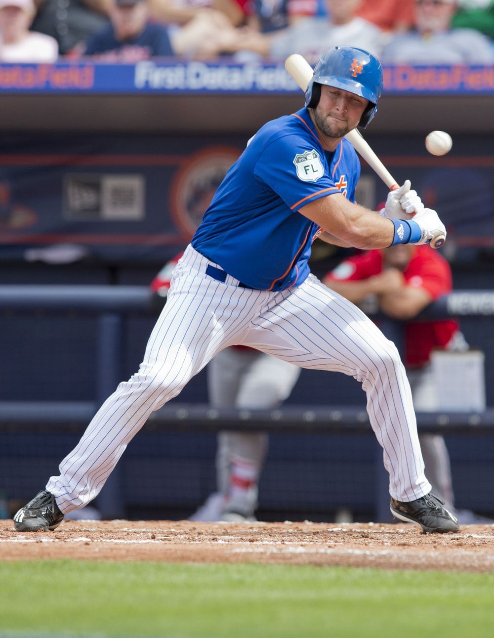 New York Mets designated hitter Tim Tebow lets a pitch go by during his second at-bat in the team's spring training baseball game against the Boston Red Sox on Wednesday