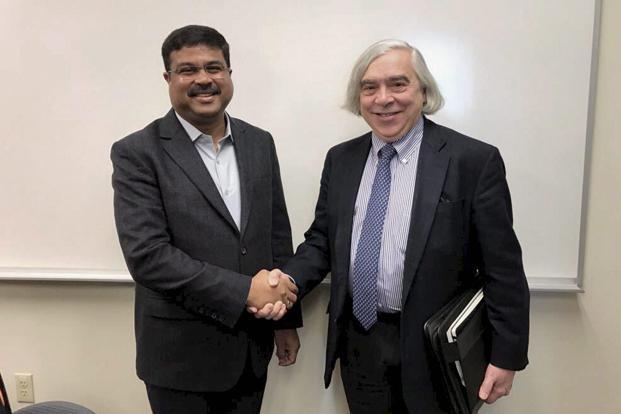 Oil minister Dharmendra Pradhan with Ernest Moniz former US secretary of energy and currently a professor at MIT in Boston on Friday