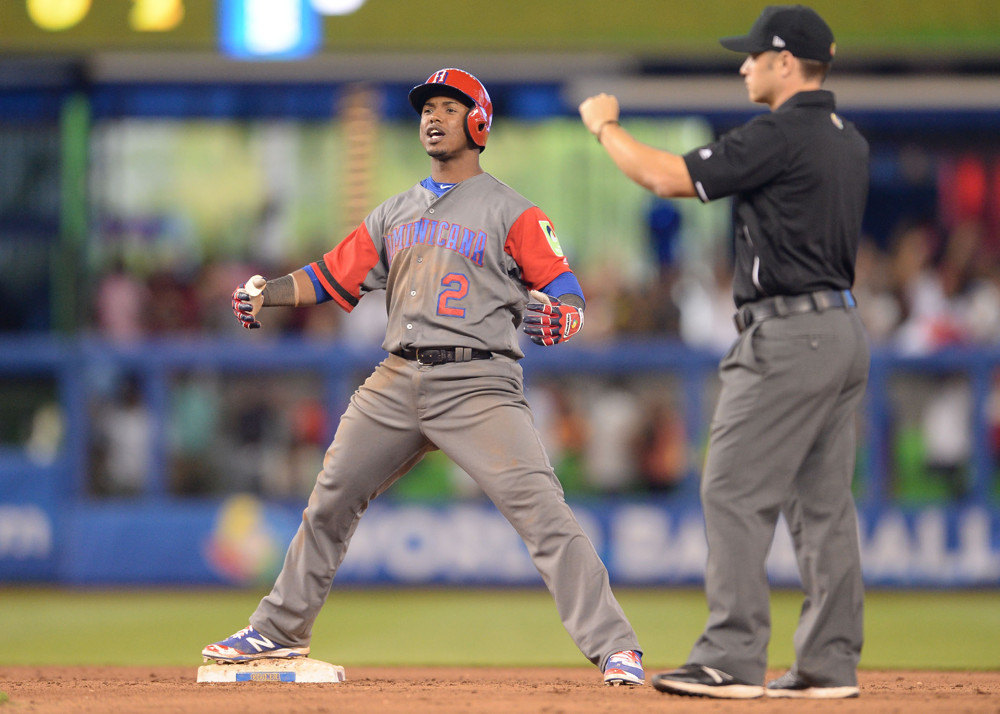 MIAMI FL- MARCH 12 Dominican Republic infielder Jean Segura reaches second base during the World Baseball Classic 1st Round Pool C game between the Dominican Republic and Colombia at Marlins Park in Miami FL