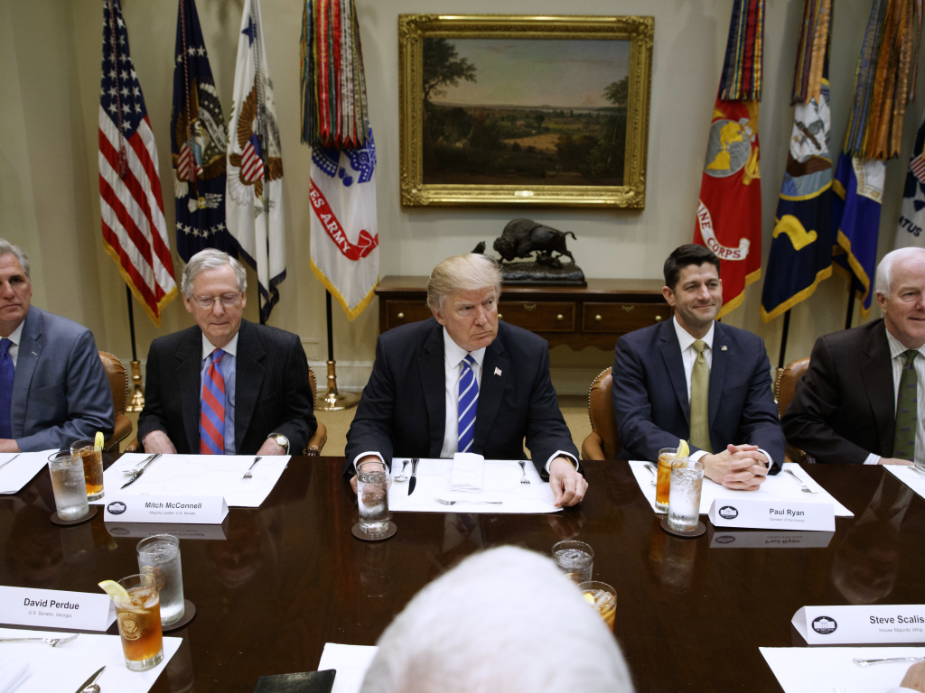 President Trump hosts a meeting with House and Senate leadership on March 1 in the Roosevelt Room of the White House.			Evan Vucci  AP