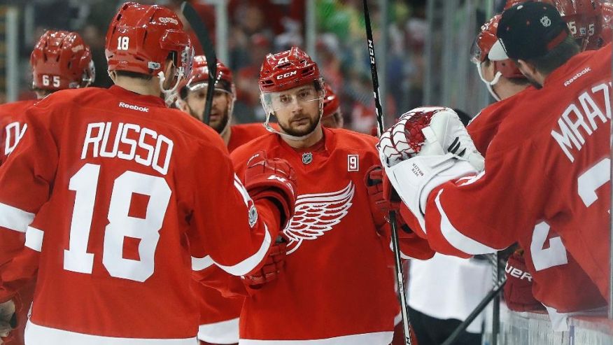 Detroit Red Wings&#x27 Tomas Tatar celebrates his goal against the Colorado Avalanche in the third period of an NHL hockey game Saturday