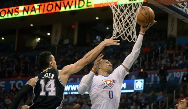 Mar 9 2017 Oklahoma City OK USA Oklahoma City Thunder guard Russell Westbrook shoots the ball in front of San Antonio Spurs guard Danny Green during the second quarter at Chesapeake Energy Arena