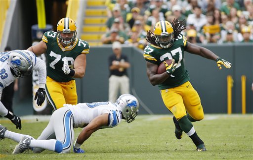 Green Bay Packers&#039 Eddie Lacy runs during the second half of an NFL football game against the Detroit Lions Sunday Sept. 25 2016 in Green Bay Wis