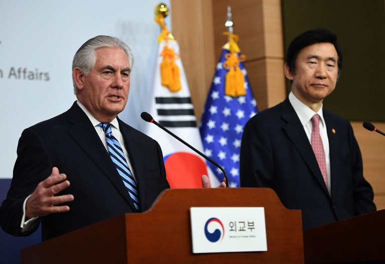 US Secretary of State Rex Tillerson speaks as South Korean Foreign Minister Yun Byung Se looks on during a press conference in Seoul