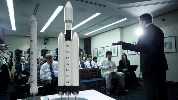 SpaceX founder Elon Musk announcing plans for the Falcon Heavy rocket at a news conference in 2011