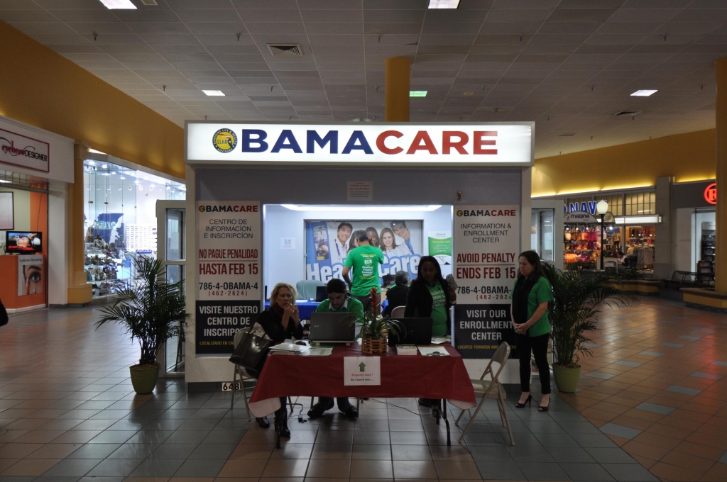 Sunshine Life & Health Advisors kiosk at Mall of the Americas in Miami awaits Affordable Care Act sign-ups on Jan. 28 2015