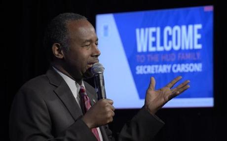 Susan Walsh Associated Press		Housing and Urban Development Secretary Ben Carson spoke to HUD employees in Washington