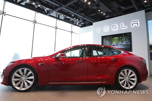 The Tesla Model S 90D is on display at Tesla's Cheongdam showroom in Seoul