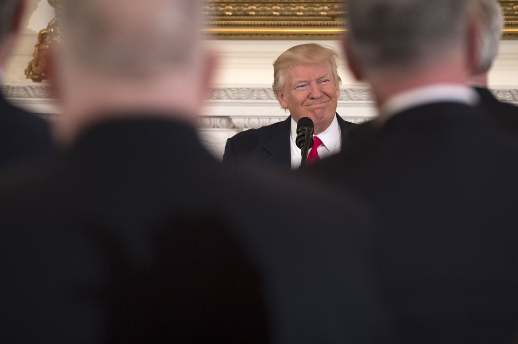 TRUMP FISCAL 10-84 President Donald Trump speaks about budget policy Monday during a meeting of National Governors Association in the State Dining Room of the White House