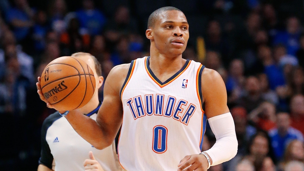 Oklahoma City Thunder guard Russell Westbrook brings the ball up the court in the fourth quarter of an NBA basketball game against the Orlando Magic in Oklahoma City Sunday Dec. 15 2013. Oklahoma City won 101-98