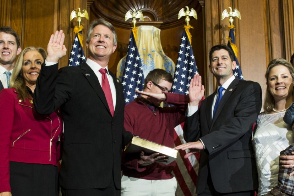 Rep. Roger Marshall left at his swearing in ceremony in Washington on Jan. 3 2017 which made headlines for House Speaker Paul Ryan's confusion after Marshall's son