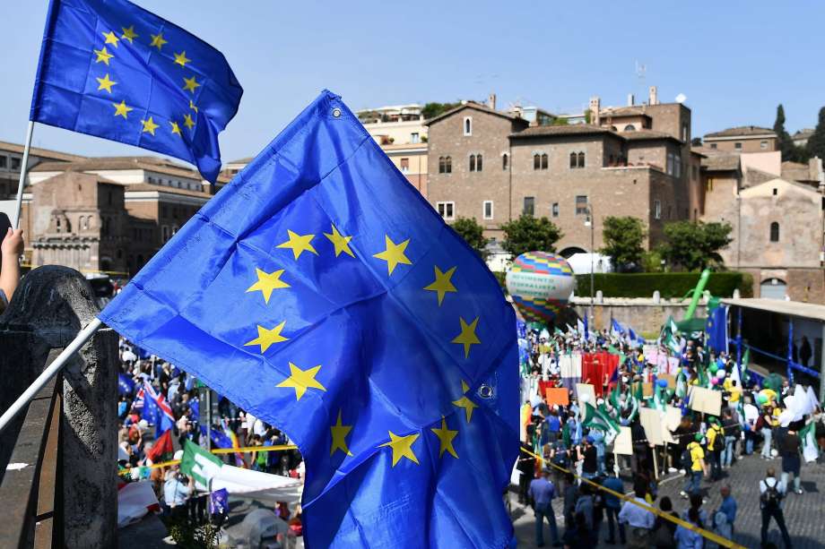 Pro-Europe demonstrators gather in Rome under European Union flags to express their support for the alliance