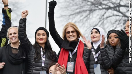 Ginny Suss Carmen Perez Gloria Steinem Linda Sarsour Tamika Mallory and Mia Ives Rublee appear onstage during the Women's March on Washington in January