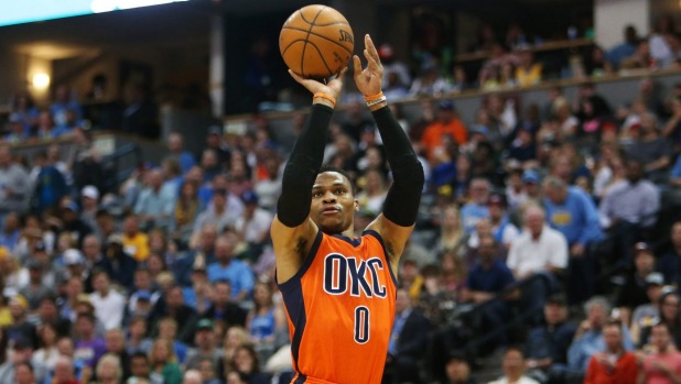 Oklahoma City Thunder guard Russell Westbrook shoots the ball during the second half of a game against the Denver Nuggets