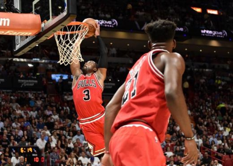 Nov 10 2016 Miami FL USA Chicago Bulls guard Dwyane Wade dunks the ball as Bulls forward Jimmy Butler looks on against... Steve Mitchell