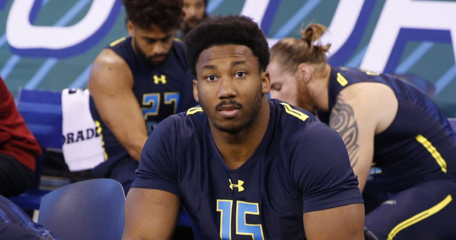 Mar 5 2017 Indianapolis IN USA Texas A&M Aggies defensive lineman Myles Garrett puts on his cleats during the 2017 NFL Combine at Lucas Oil Stadium. Mandatory Credit Brian Spurlock-USA TODAY Sports