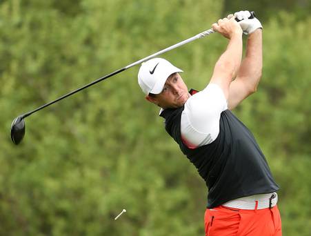 AUSTIN TX- MARCH 24 Rory Mc Ilroy of Northern Ireland tees off on the 3rd hole of his match during round three of the World Golf Championships Dell Technologies Match Play at the Austin Country Club