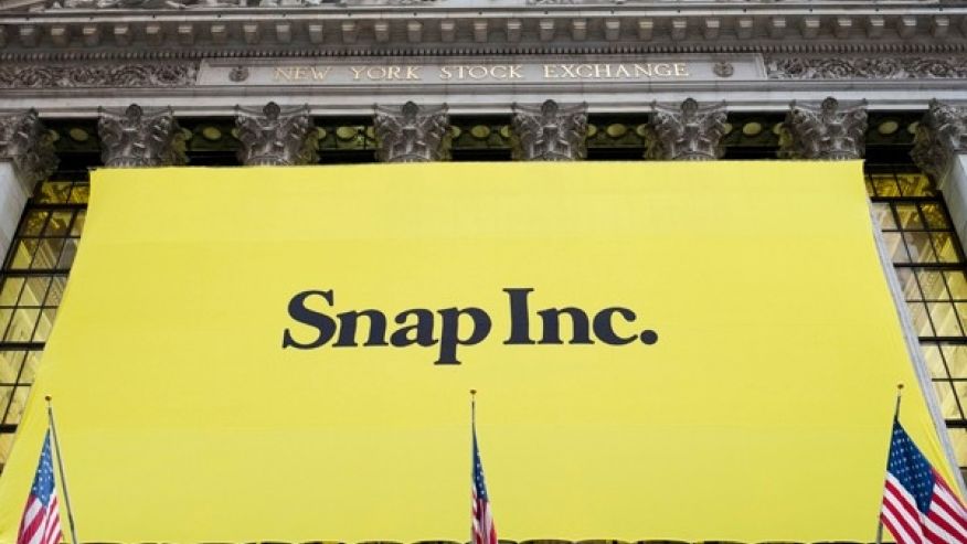 Snap Inc. hangs from the front of the New York Stock Exchange Thursday