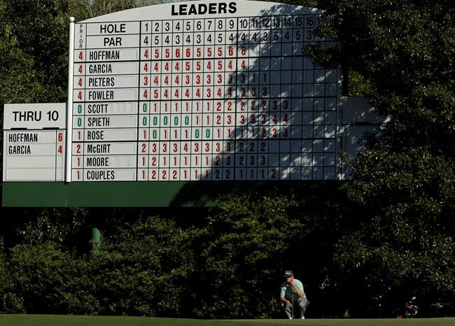 Charley Hoffman lines up a putt on the 11th hole during the third round of the Masters golf tournament Saturday