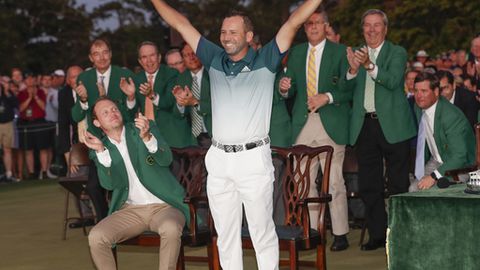 Sergio Garcia of Spain reacts at the green jacket ceremony after winning the Masters golf tournament Sunday