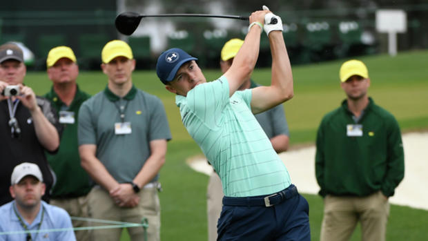 Jordan Spieth hits a tee shot on the 3rd hole during a practice round Wednesday at Augusta National Golf Club. Michael Madrid  USA TODAY Sports