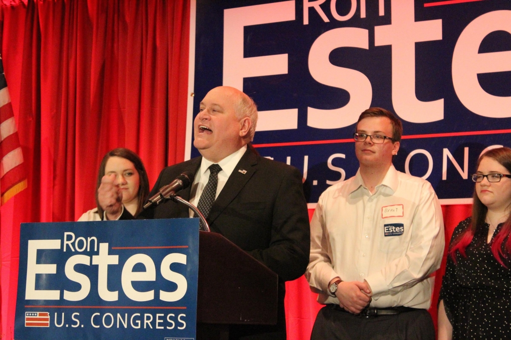 Republican candidate Ron Estes gives his victory speech