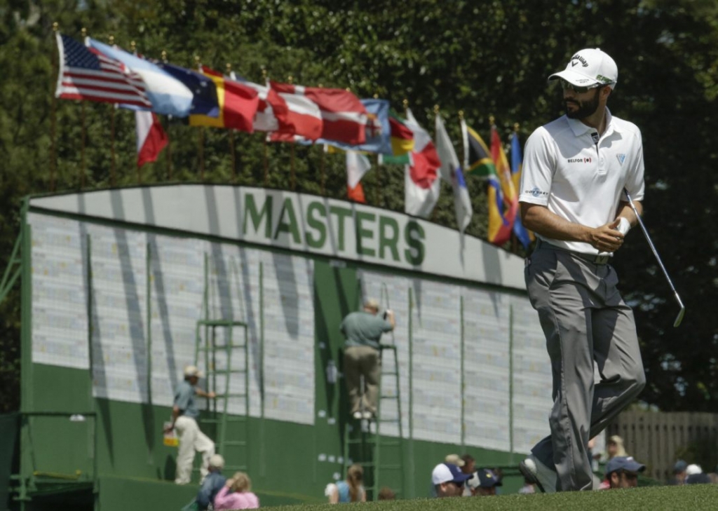 Canadian Adam Hadwin walks up the ninth fairway halfway through a shaky third round at the Masters