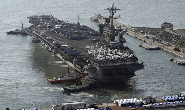 U.S. Navy aircraft carrier the USS Carl Vinson approaches to participate in the annual joint military exercise called Foal Eagle between South Korea and the United States at Busan port in Busan South Korea. The Pentagon