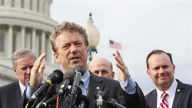 US Republican Senator Rand Paul  speaks during a news conference on Capitol Hill