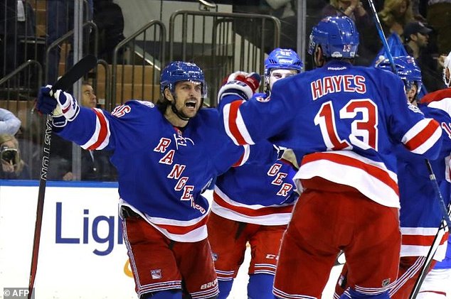 Mats Zuccarello of the New York Rangers celebrates with teammates after scoring a goal against the Montreal Canadiens in Game Six of the Eastern Conference first round during the 2017 NHL Stanley Cup Playoffs in New York