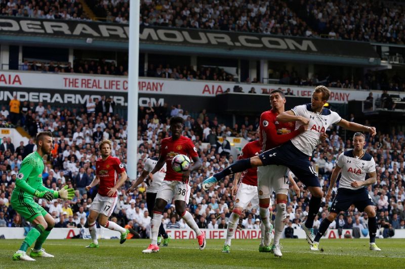 Tottenham Hotspur's striker Harry Kane scores the second goal during the English Premier League football match between Tottenham Hotspur and Manchester United at White Hart Lane in London