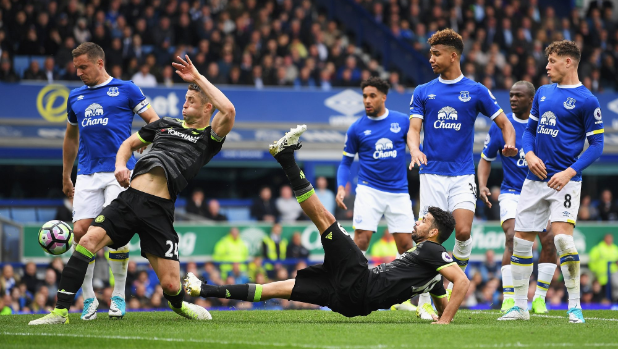 Gary Cahill scores Chelsea's second goal in their 3-0 win over Everton at Goodison Park on Monday